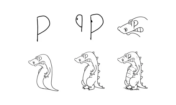 Pからワニを一歩ずつ描く方法 子供の発達と創造性のための簡単で楽しい活動 動物や物をアルファベットシリーズからベクトル図で描くチュートリアル — ストックベクタ