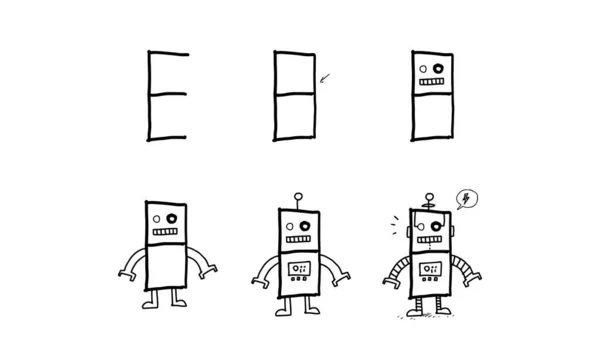 未来型ロボットを一歩一歩ずつ描く方法です 子供の発達と創造性のための簡単で楽しい活動 動物や物をアルファベットシリーズからベクトル図で描くチュートリアル — ストックベクタ