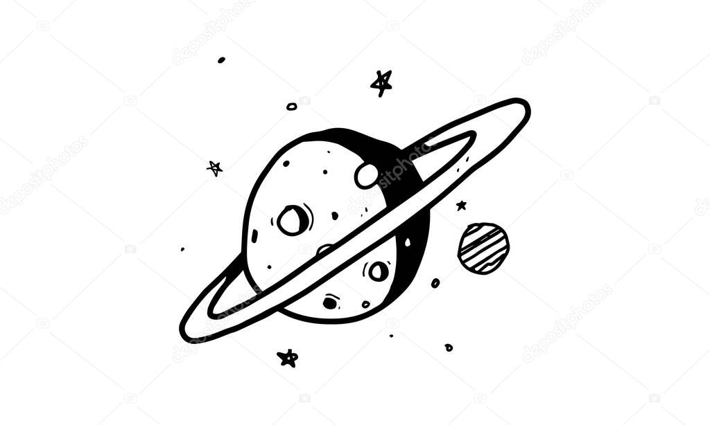 Saturn planet in night space illustration. colorless cartoon for drawing and coloring activities. fun activity for kids development and creativity. object isolated on white background in vector design