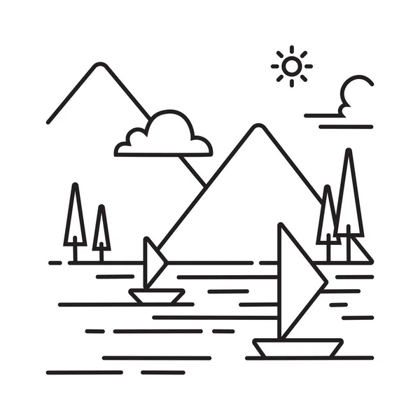 Sea Scenery Monoline Illustration Countryside Landscape Minimalist Outline Wall Art — стоковый вектор