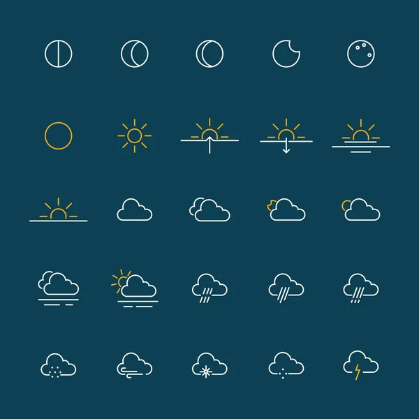 天気予報プレゼンテーションのための様々な天気アイコンイラストが必要です ウェブサイトやアプリケーションインターフェースに適したシンプルなフラットアイコンコレクション — ストックベクタ