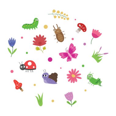 set of various cute illustrations of the garden ecosystem. insects and flowers drawing for any element decoration. a creative artwork in a vector graphic.