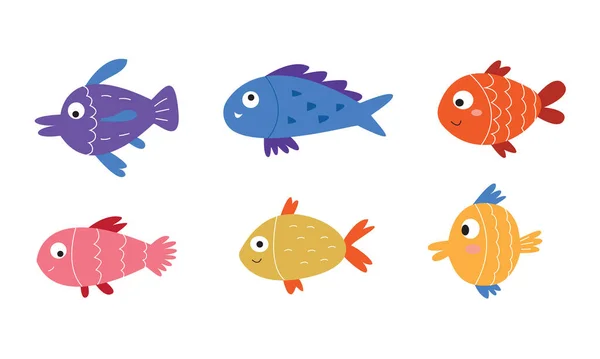 Conjunto Varias Ilustraciones Peces Lindos Dibujo Criatura Bajo Agua Para — Archivo Imágenes Vectoriales