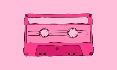 cassette cartoon illustration in pink. hand-drawn vector illustration of the old equipment. analog media for recording and listening in the past.