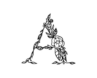 floral letter of A. beautiful floral alphabet on white background. typeface element vector illustration in black color.