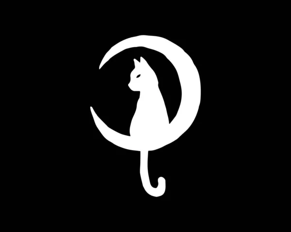 Silhouette Cat Sitting Crescent Moon White Silhouette Vector Illustration Black — Stok Vektör