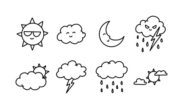 Conjunto Varias Ilustraciones Del Clima Soleado Nublado Noche Tormenta Lluvia — Archivo Imágenes Vectoriales