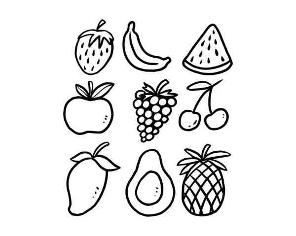 Uncolored Tropical Fruit Illustration Fruit Sketch Isolated White Strawberry Banana — Vetor de Stock