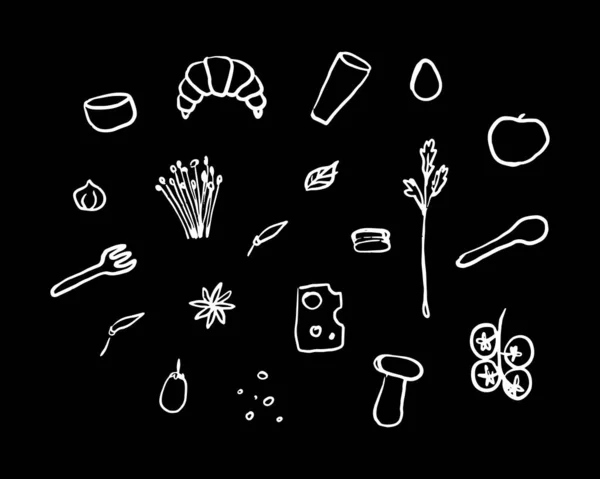 Food Viands Doodle Illustrations Set Graphic Vector Food Materials Black — Vetor de Stock