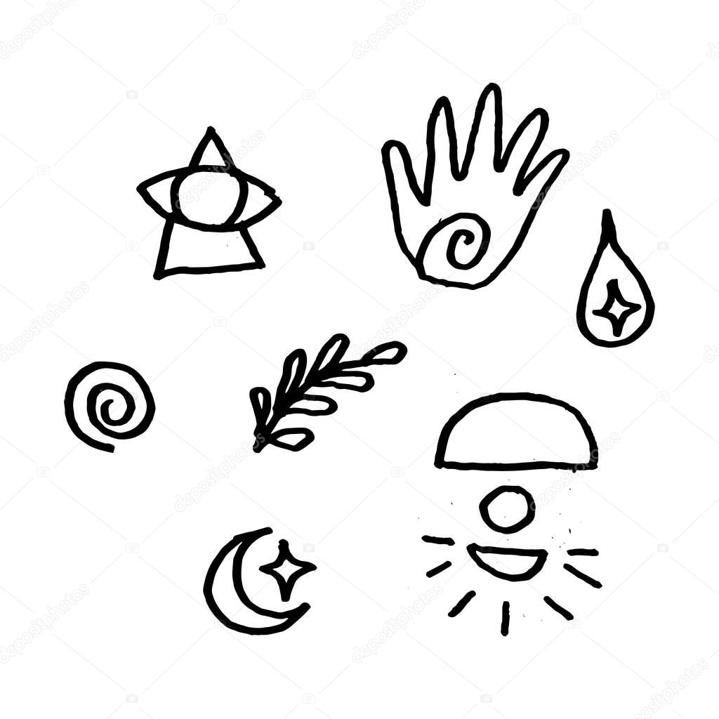 set of modern bohemian flat elements for element design. hand-drawn vector illustration in childlike stroke. the outline cartoon in a simple drawing.