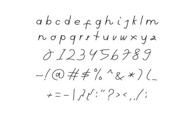 hand writing font in vector design graphic. lowercase and regular alphabet, numeric, and symbols letter illustration for book, note, magazine, poster, etc. modern handwritten typography.