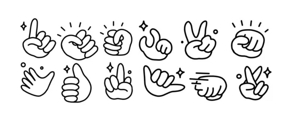 面白い漫画ハンドジェスチャーイラストのセット 白を背景に黒で線画 手描きのシンプルな指の描き方 — ストックベクタ