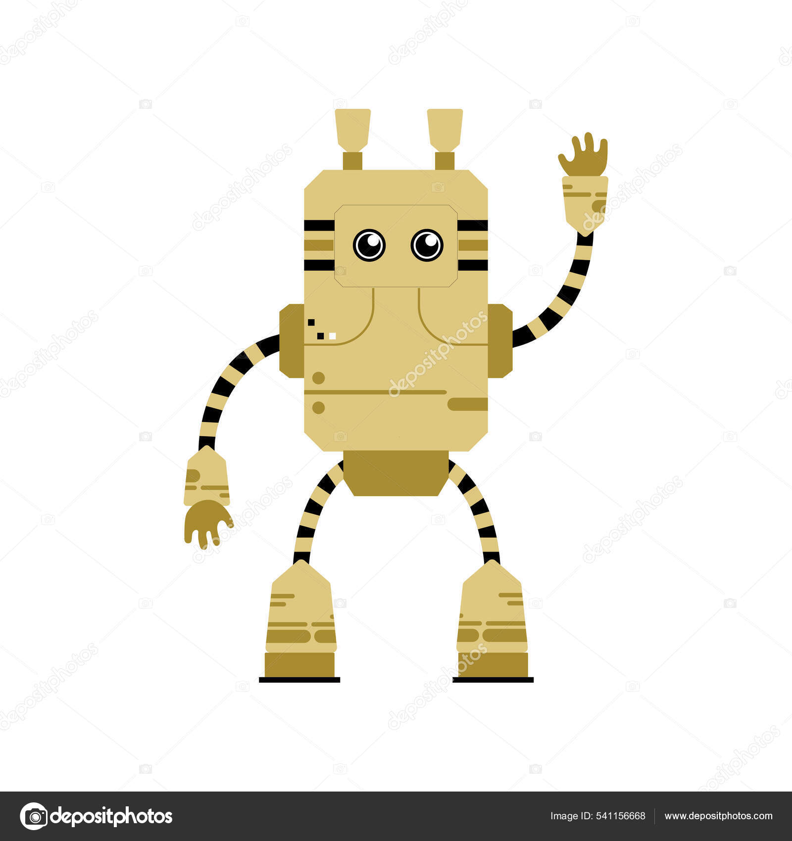 Creative Illustration Retro Robot Yellow Funny Cartoon Character.