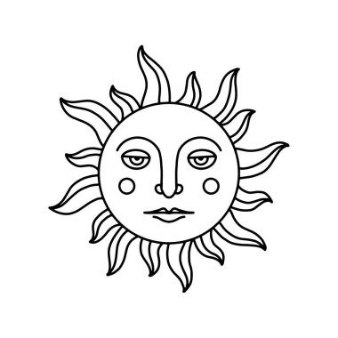 Bohemian sun illustration in vector graphic. Mystical element in boho style with face. Creative element for design, tattoo, sticker, etc. An object illustration on white background.