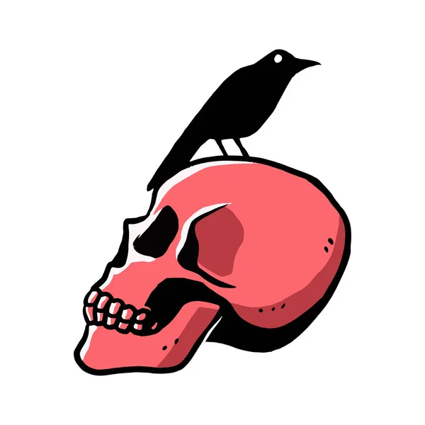Red Head Skull Black Raven Top Scary Dangerous Warn Vector — Stockvector