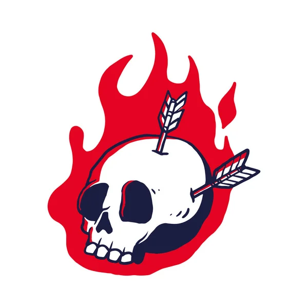Cráneo Blanco Con Flechas Perforadas Fuego Una Ilustración Vectorial Miedo — Vector de stock