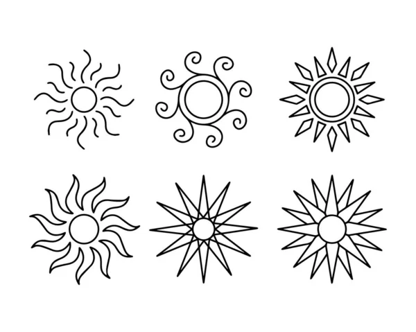set of the minimalist sun illustrations in an outline style. a simple drawing of the ancient sun symbol for creative design.