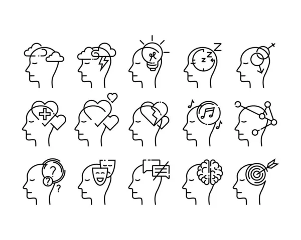 Set Human Mind Icons Outline Thin Style Mental Health Psychology — Stok Vektör