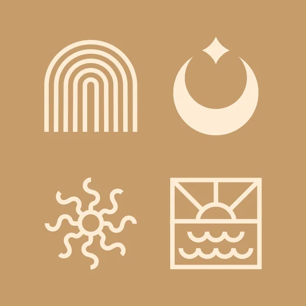 ベージュ地のボヘミアンスタイルのロゴアイコンシンボルのセット 現代的なミニマリストスタイルの装飾のためのベクトル要素イラスト — ストックベクタ