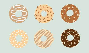 Çeşitli malzemelerle donutlar. Yemek ve içecek için cazip bir tasarım yaratmak için lezzetli abur cubur illüstrasyonu. Poster, menü, kampanya gibi basit unsurlar.