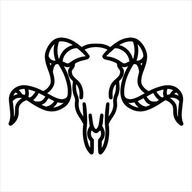 Keçi Kafatası 'nın yuvarlak boynuzlu eli ön taraftan çekilmiş. Çizgi sanat vektörü illüstrasyonu