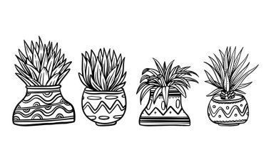 Romantik ya da klasik tasarım yaratmak için saksı bitkisi el çizimi vektör ilüstrasyonu, tasarım, yaprak ve çiçek çizimi için bitki yalıtılmış grafik elementler