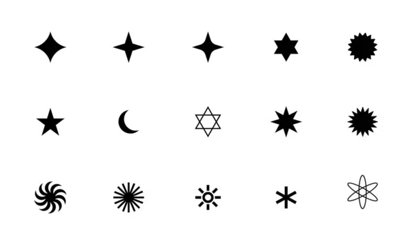 图标集合的各种类型的恒星在简单的黑白风格 标识设计矢量中基于白色背景隔离的几何形状元素 — 图库矢量图片