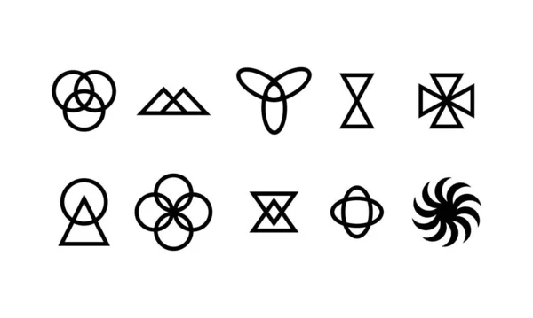 集合的简单三角形 圆形标志组合的黑白轮廓风格 标识设计矢量中基于白色背景隔离的几何形状元素 — 图库矢量图片