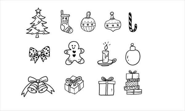 Set Christmas New Year Ornaments Hand Drawn — Stock Vector