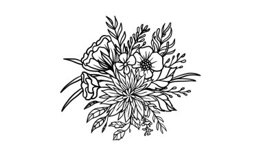 Güzel çiçek buketi el çizimleri. Romantik & düğün tasarımı için vektör çiçek düzenleme ögeleri.