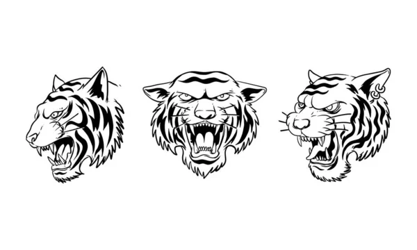 Conjunto Ilustración Dibujada Mano Cabeza Tigre Enojado — Vector de stock