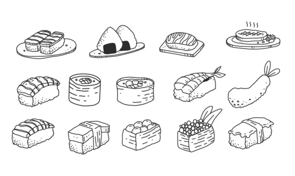Sada Ikon Potravin Nápojů Sushi Food Vector Ilustrace Detail Lineart — Stockový vektor