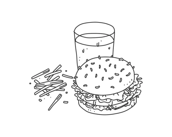 Egy Kézzel Rajzolt Illusztráció Egy Reggeli Készlet Egy Hamburgert Sült — Stock Vector