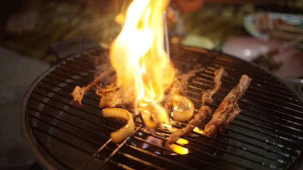 Grilling Meat Fiery Stove Barbecue Party Japanese Grill Style Sliced — Stock Photo, Image