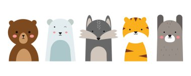 Düz dizayn edilmiş şirin hayvan çizimleri. Basit bir hayvan kafası çizimi. Ayı, tilki, kaplan vs. çocuk tasarımı için bir element vektör dekorasyonu.