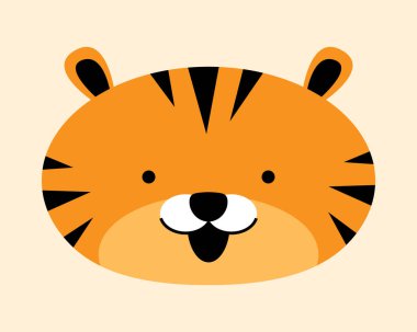 Kaplan kafasının karikatür çizimi. Element dekorasyonu için vahşi yaşam yaratığının şirin bir çizimi. Eğitim veya ticari amaçlar için minimalist illüstrasyon.