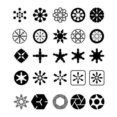 Çeşitli şekillerde yıldız simgeleri koleksiyonu. Kar taneleri, parlak nesneler, dekorasyon gibi elementler için uygun yıldızların çeşitli şekilleri.