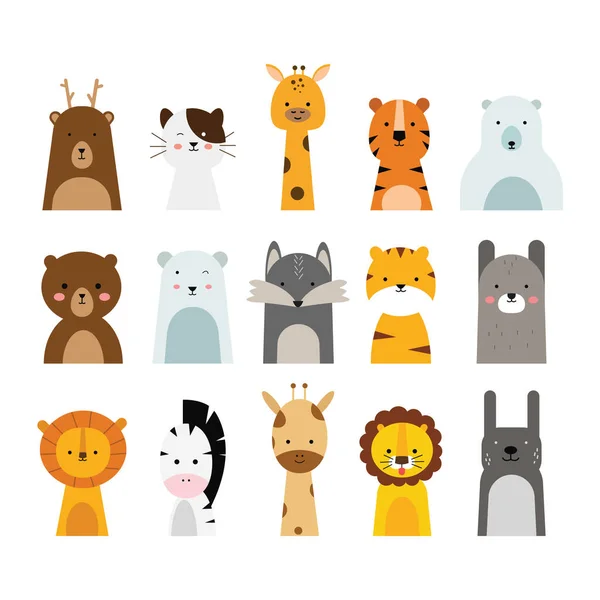 Conjunto Lindas Ilustraciones Animales Estilo Diseño Plano Simple Dibujo Cabeza — Vector de stock