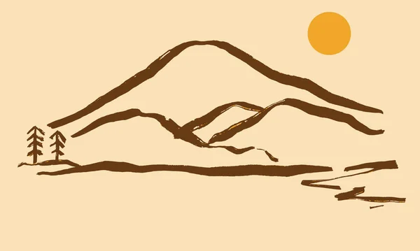 Jednoduchá Čára Tahu Štětcem Japonském Kaligrafickém Stylu Pláž Ilustrace Letním — Stockový vektor