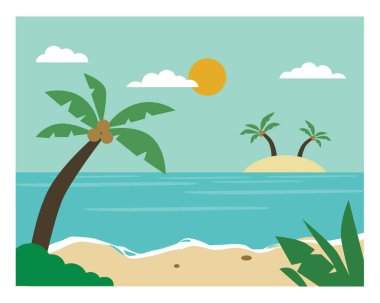 Kumsalın basit ve minimalist bir çizimi. Tatil havası için deniz kıyısının vektör çizimi. resim baskısı, duvar sanatı, kart vs. için yaratıcı bir tasarım.