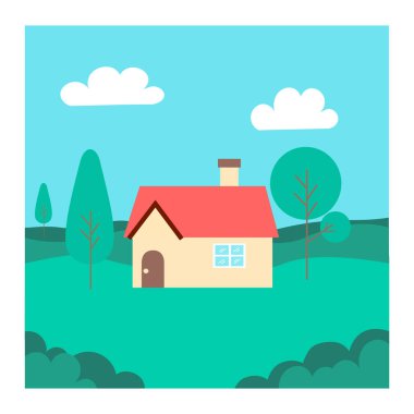 Çayırın ortasındaki evin bir çizimi. Köyde ev için çağdaş bir bina. Basit ve minimalist bir kavram..