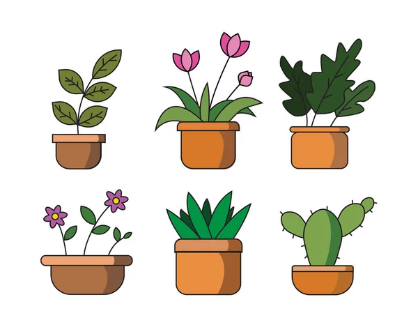 Jogo Ilustração Várias Plantas Sala Pote Flor Vaso Desenhado Estilo — Vetor de Stock