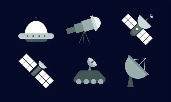 Ufo Satellit Rover Teleskop Usw Illustration Der Raumausrüstung Flachen Cartoon — Stockvektor