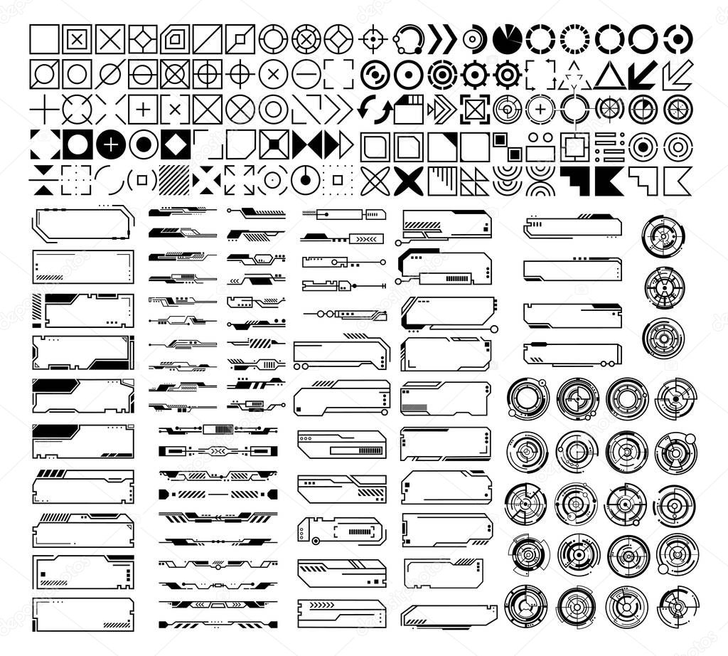 set of bars, icon, target, and frames vector illustrations for web interface design. hud gaming element in a simple style. a copy space collection in a futuristic and hi-tech theme.