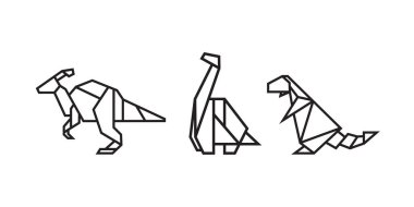 Dinozorların origami tarzı çizimi. Simge, logo, element vb. için soyut geometrik çizim. renksiz vektör ögesi tasarımı.