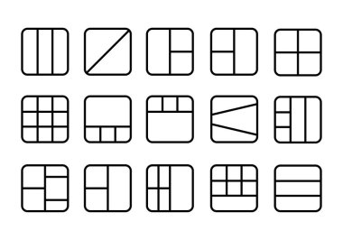 Fotoğraf kolajları için ızgara çerçeve düzenleme simgeleri seti. Fotoğraf düzenleme için düzenlenebilir vuruş simgeleri. Fotoğraf web siteleri veya uygulama arayüzü için düz çizgi ızgara düzeni.