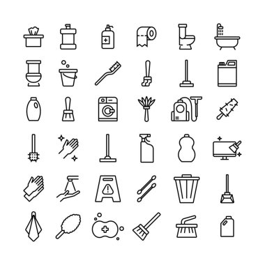 Temizlik işleriyle ilgili bir takım ikonlar. Web uygulama arayüzü ve herhangi basit bir tasarım dekorasyonu için düzenlenebilir çizgi simgesi.