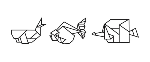 魚の折り紙スタイルのイラスト アイコン 要素などの抽象的な幾何学的アウトライン描画 色のないベクトル要素のデザイン — ストックベクタ