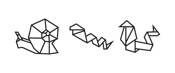 カタツムリやヘビの折り紙スタイルのイラスト アイコン 要素などの抽象的な幾何学的アウトライン描画 色のないベクトル要素のデザイン — ストックベクタ