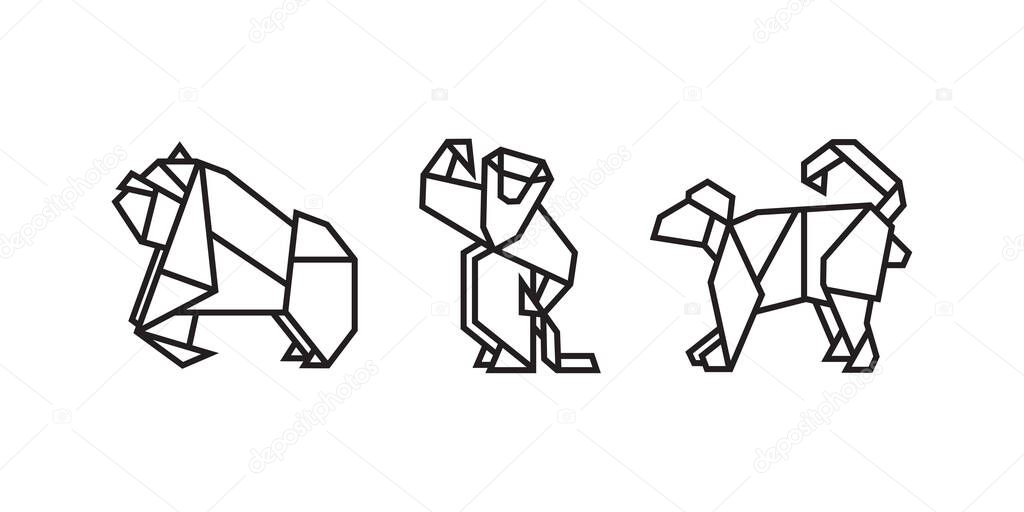 origami style illustration of primates. abstract geometric outline drawing for icon, logo, element, etc. uncolored vector element design.